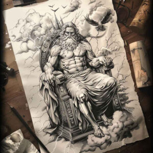 thunder-god-tattoo – tattoo design ideas free ai generated – neotraditional-textural-detail – for-side-torso – Gallery: zeus-inkby-ai