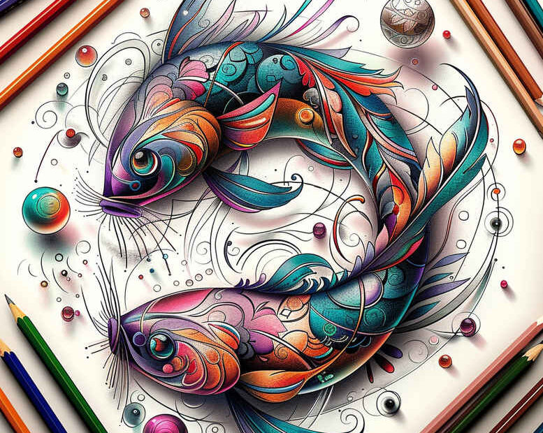 Two colorful koi fish in teal, orange, purple swim around a circular water motif with swirls; framed by colored pencils. AI-generated tattoo project; suitable for cover-up option.