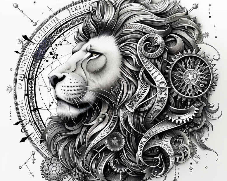 Black and grey lion with gears, circle, mandala, and mane; cover-up-ready tattoo project.