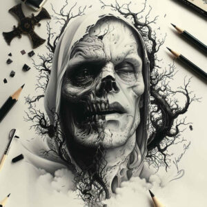 battle-motif-tattoo-dripping-for-lower-chest – tattoo design ideas free ai generated – Gallery: zombies-inkby-ai