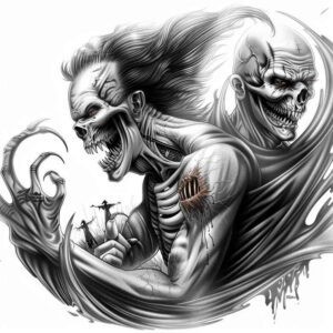 apocalypse-motif-tattoo-strange-laughter-for-back-shoulder – tattoo design ideas free ai generated – Gallery: zombies-inkby-ai