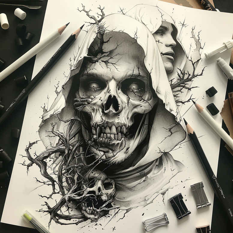 apocalypse-and-chaos-tattoo-shadowy-for-thigh – tattoo design ideas free ai generated – Gallery: zombies-inkby-ai