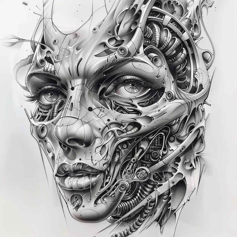 biomechanics tattoo design ideas Surrealism juxtaposition fluid motion symbolising courage