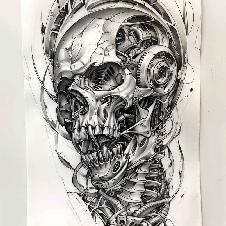 biomechanics tattoo design ideas deep-shading mechanical synergy for lower thigh