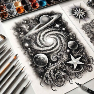 galaxy-formation – tattoo design ideas free ai generated – realism-refined-lines – for-behind-ear – Gallery: cosmos-inkby-ai