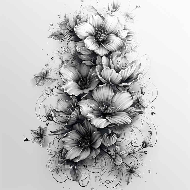 calm-design – tattoo design ideas free ai generated – punctual – for-side-torso – Gallery: delicate-flowers-inkby-ai