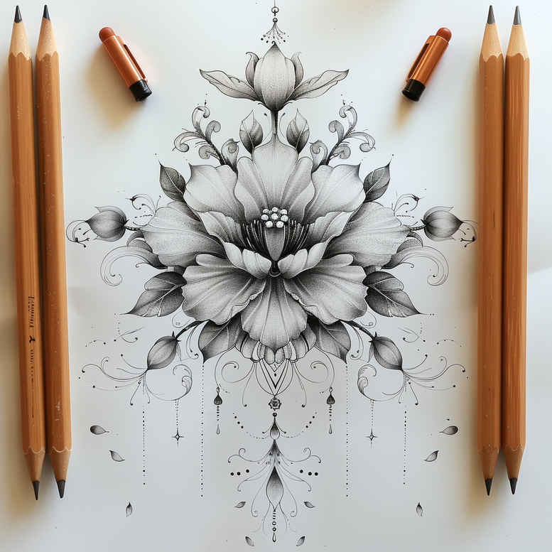 Lotus flower with petals and mandala pattern in black and grey, fine line tattoo idea.