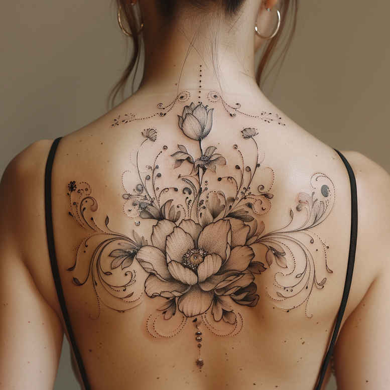 Back tattoo in black and grey featuring a lotus-centered bouquet with vines and leaves; project; ideal for cover-up.