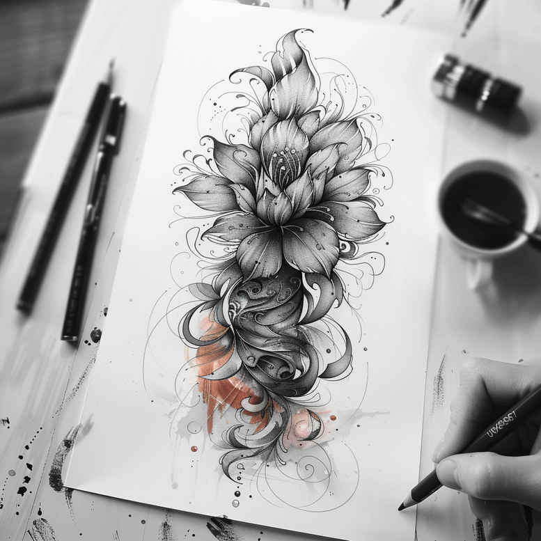 Grayscale lotus flower sketch on paper with pencils and ink tools; tattoo design concept, black and grey project idea; not ideal for cover-up.