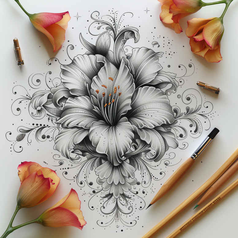 Lotus flower, petals, and ornamental swirls on paper; pencil sketch in black and grey; tattoo design concept; project idea; suitable for cover-up.
