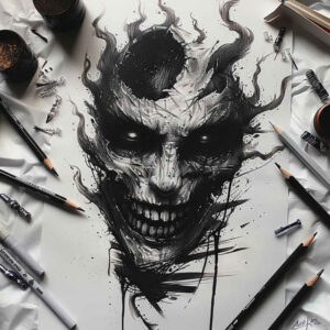 fighting-demon – tattoo design ideas free ai generated – deep-shadows – for-lower-thigh – Gallery: demons-inkby-ai