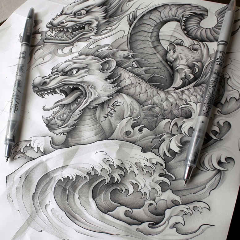 dragon-flame – tattoo design ideas free ai generated – desolate – for-biceps – Gallery: dragons-inkby-ai