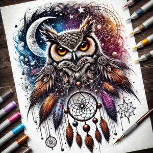 black-and-grey-dreamcatcher – tattoo design ideas free ai generated – realism-mirrored-effect – for-shin – Gallery: dreamcatchers-inkby-ai