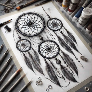 dreamcatcher-and-flowers – tattoo design ideas free ai generated – neotraditional-dynamic-linework – for-hip – Gallery: dreamcatchers-inkby-ai