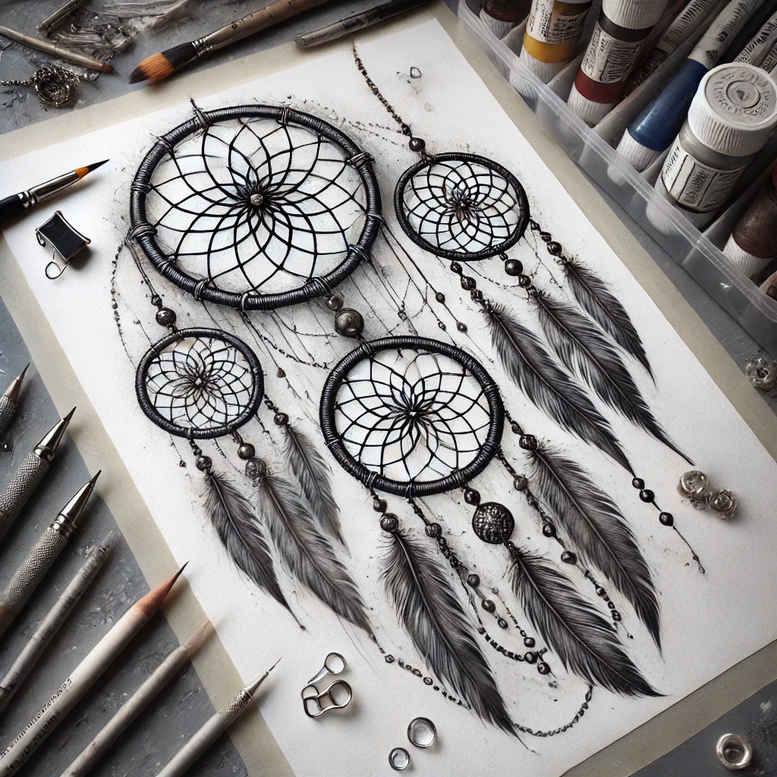 dreamcatcher-and-flowers – tattoo design ideas free ai generated – neotraditional-dynamic-linework – for-hip – Gallery: dreamcatchers-inkby-ai