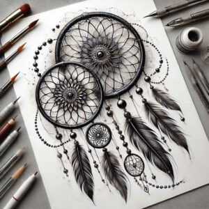 dreamcatcher-in-motion – tattoo design ideas free ai generated – neotraditional-modern-classic – for-knee – Gallery: dreamcatchers-inkby-ai