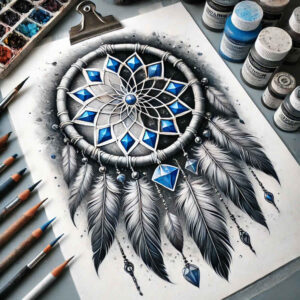geometric-dreamcatcher-pattern – tattoo design ideas free ai generated – neotraditional-color-blending – for-lower-arm – Gallery: dreamcatchers-inkby-ai