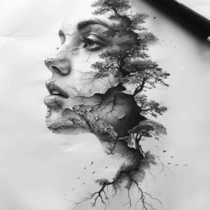 face-with-flowers – tattoo design ideas free ai generated – real-life-shading – for-collarbone – Gallery: faces-inkby-ai