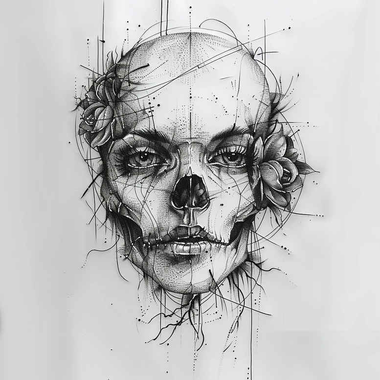 portrait – tattoo design ideas free ai generated – surrealism-enigmatic-visuals – for-lower-chest – Gallery: faces-inkby-ai