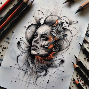 surreal-face – tattoo design ideas free ai generated – rich-blacks – for-temple – Gallery: faces-inkby-ai