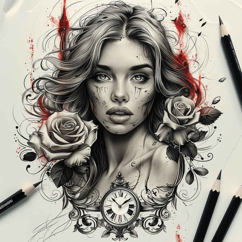 Portrait of a woman with roses and a clock in black and grey; pencils surround the scene. AI-generated tattoo project, ideal cover-up.