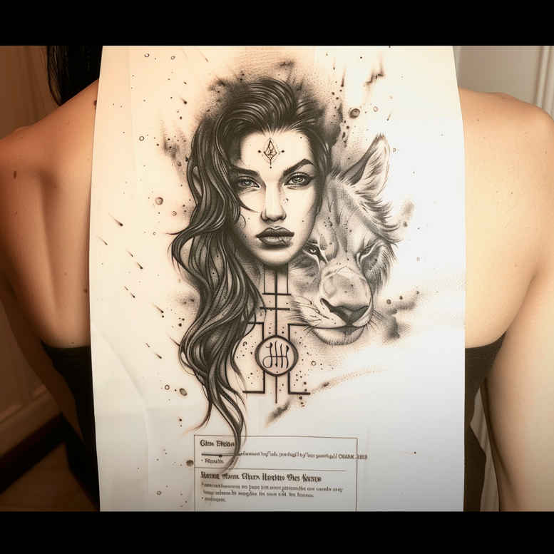 Portrait of a woman's face in black and grey ink on forearm with flowing hair, a geometric circle mandala, and a pendant motif; AI-generated tattoo project, suitable for cover-up.