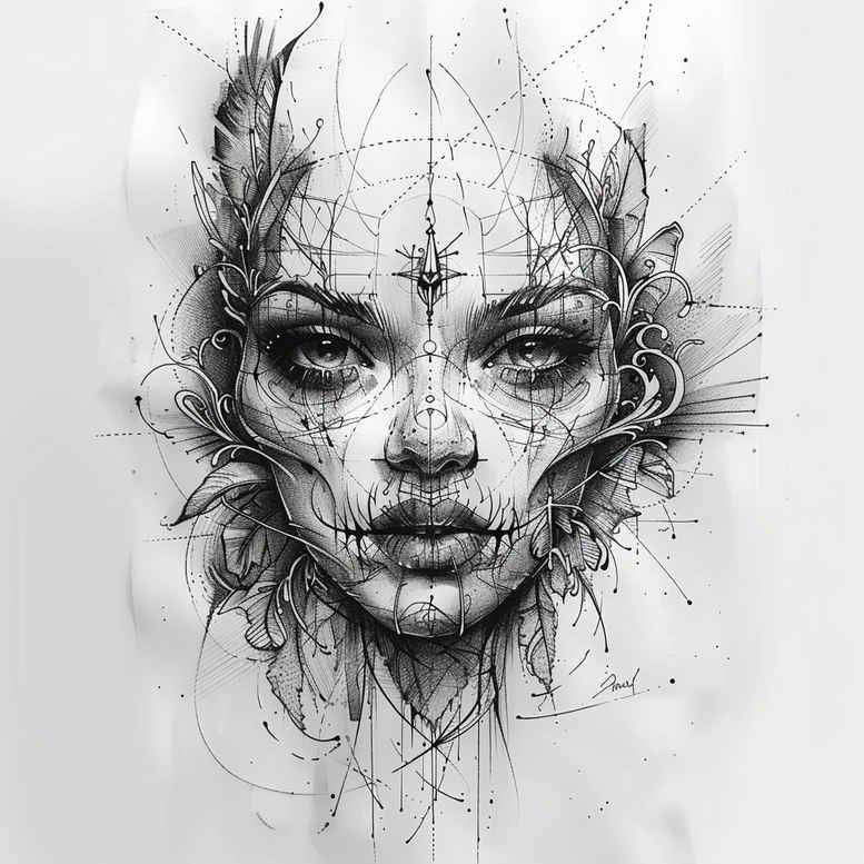 Face in black and grey lines with shading; tattoo project suitable for cover-up; intricate pattern.