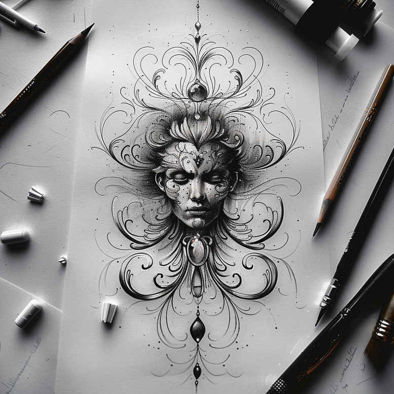 Black and grey face with an ornate crown, necklace, and flowing tendrils; tattoo design idea, suitable for a cover-up.