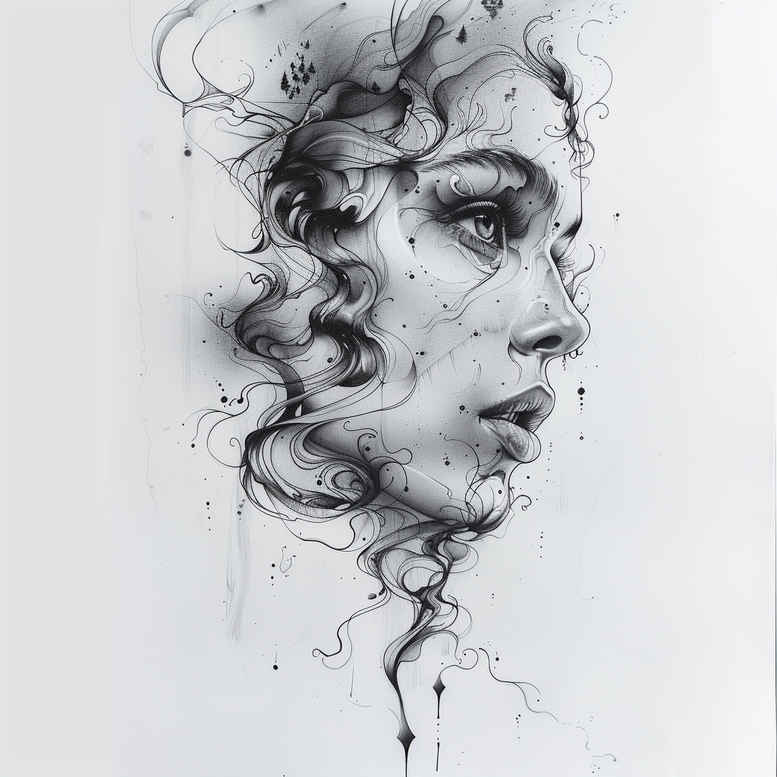 Portrait of a woman in black and grey watercolor ink with flowing hair; AI-generated tattoo project idea; not specifically for cover-up.