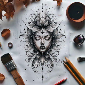 faces tattoo design ideas Surrealism melted shapes detailed texture for triceps