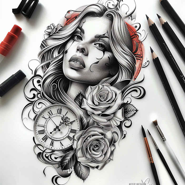 Portrait of a woman with a clock and roses in black and grey, intricate filigree; tattoo design concept, AI-generated, suitable for cover-up.