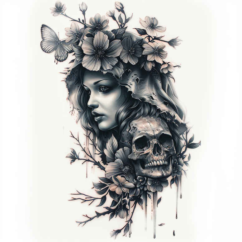 Face portrait in black and grey with floral crown, skull detail, butterfly, and leaves; cover-up ready concept.