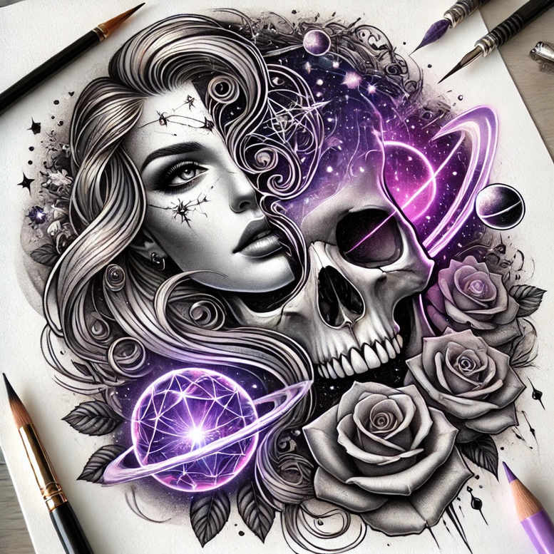 Black and grey tattoo design of a woman's portrait, skull, roses, and purple orbs; AI-generated tattoo project; ideal for a cover-up.
