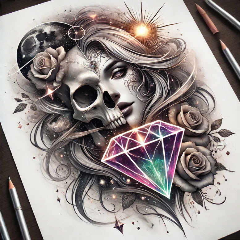 Skull and partial-face with rose and a multifaceted diamond gem in grey-black shading, pencils around; AI-generated tattoo project, cover-up-ready.