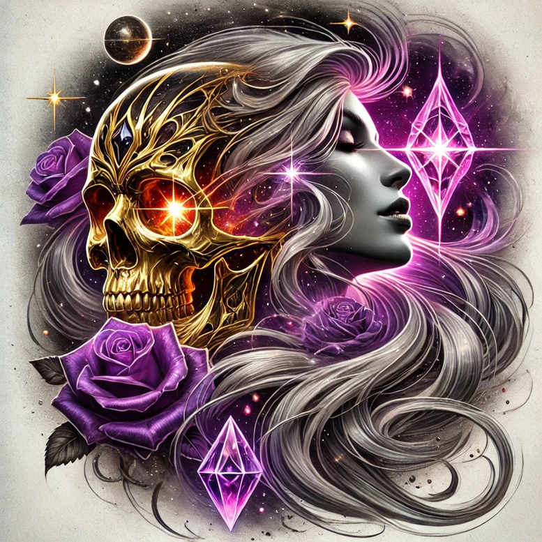 Gray-scale woman profile with flowing hair, left gold skull, purple roses and diamonds, black and grey shading; AI-generated tattoo project; suitable for cover-up.