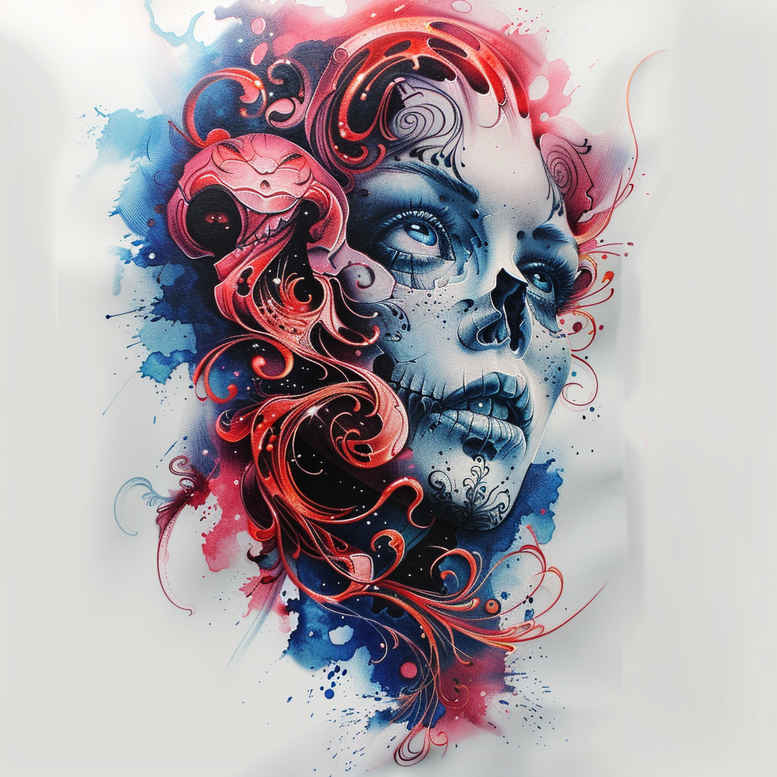 Face portrait in blue and red watercolor style with flowing curls and defined features; color tattoo design concept, AI-generated tattoo project, suitable for cover-up.