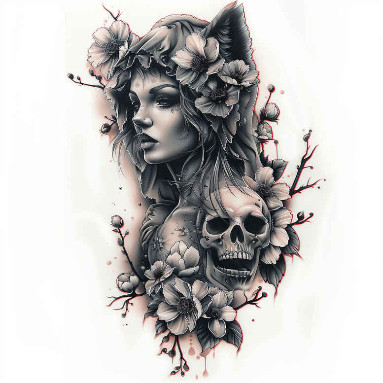 Black and grey tattoo design featuring a woman's profile, a skull, and floral elements with twisting branches; a pattern-rich cover-up tattoo project idea.