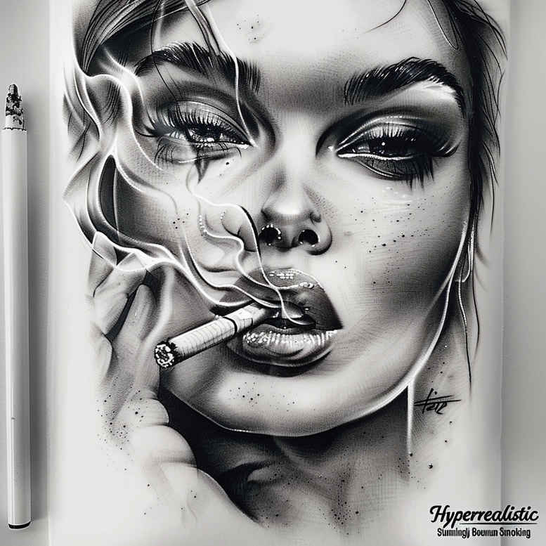 Black and grey portrait: woman, face, cigarette, smoke, hand, hair; tattoo design project, cover-up ready.