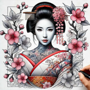 geisha-face – tattoo design ideas free ai generated – surrealism-ambiguous-space – for-back-shoulder – Gallery: geisha-inkby-ai