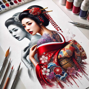 geisha-with-detail – tattoo design ideas free ai generated – neotraditional-strong-contrast – for-side-torso – Gallery: geisha-inkby-ai