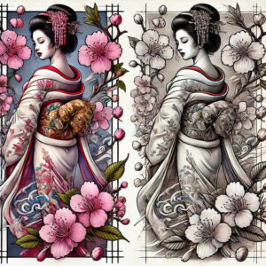 mystical-geisha – tattoo design ideas free ai generated – surrealism-shimmering-forms – for-spine – Gallery: geisha-inkby-ai