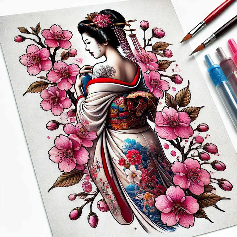 geisha tattoo design ideas Surrealism shadow play kimono for behind ear