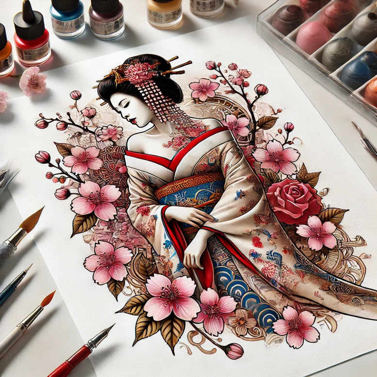 geisha tattoo design ideas refined lines subtle colors symbol of determination