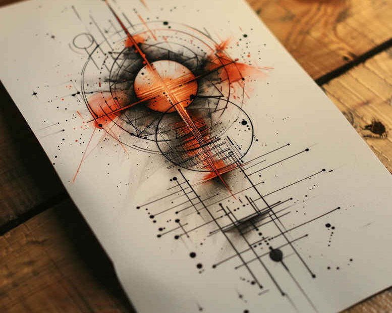 Paper with black and orange-red ink on a wooden table; abstract geometric tattoo sketch; project idea; not for cover-up.