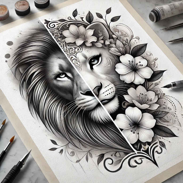 lion – tattoo design ideas free ai generated – realism-contour-shading – for-arm – Gallery: lions-inkby-ai