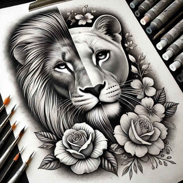 lions tattoo design ideas bold outline dynamic pose symbolising courage