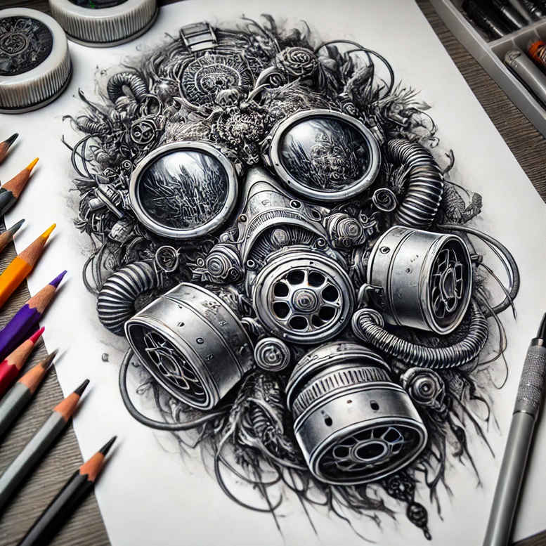 feathered-mask – tattoo design ideas free ai generated – neotraditional-sharp-edges – for-side – Gallery: masks-inkby-ai