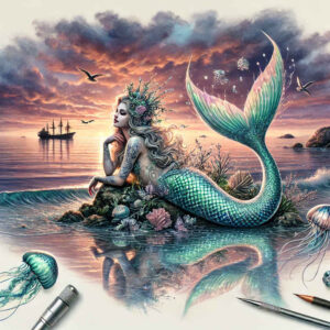 mermaid-with-feathers-surrealism-vibrant-contrasts-for-foot – tattoo design ideas free ai generated – Gallery: mermaids-inkby-ai
