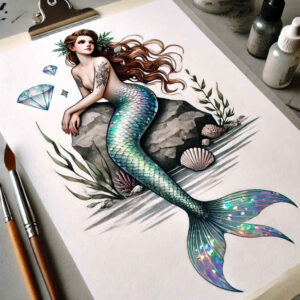 mermaid-symbolic-tattoo – tattoo design ideas free ai generated – realism-contrast-ink – for-back-of-neck – Gallery: mermaids-inkby-ai