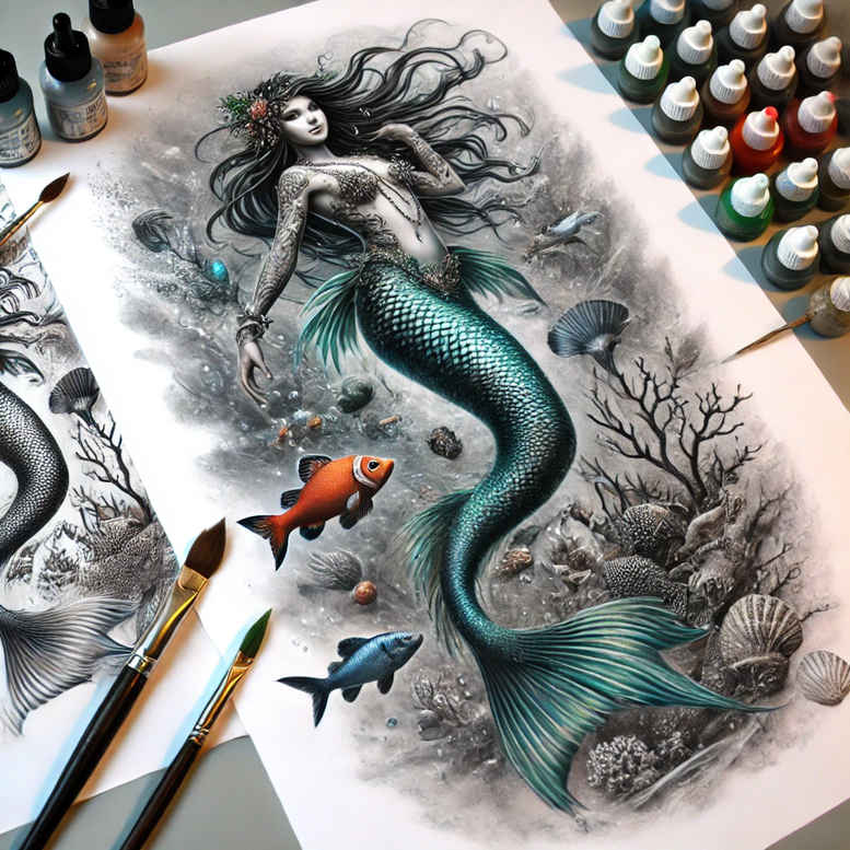 mermaids tattoo design ideas Surrealism fragmentation aquatic for nape